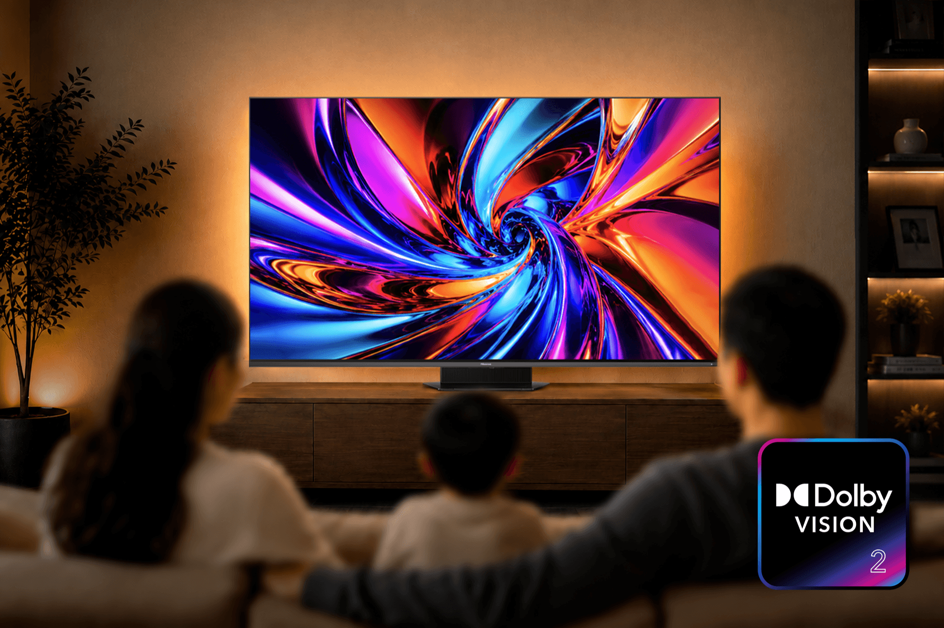 Salon face à un téléviseur Hisense avec le logo officiel Dolby Vision 2.
