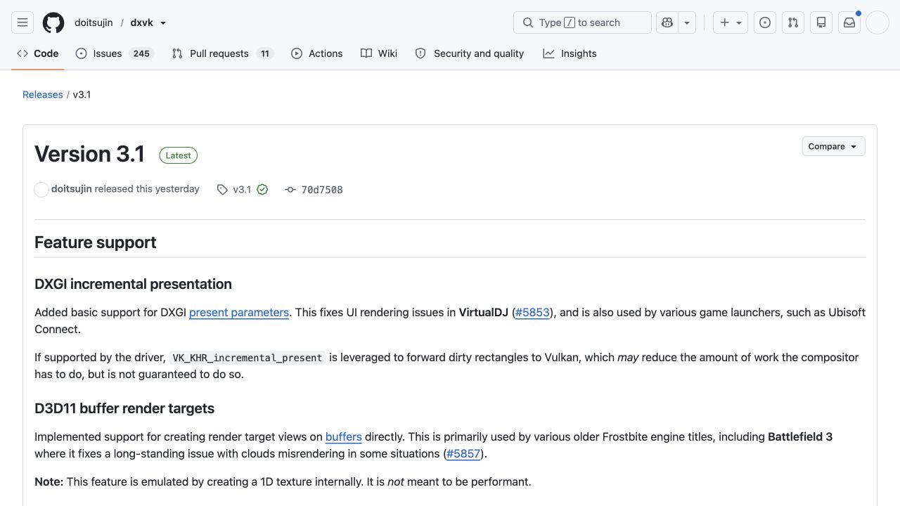 Page GitHub officielle de DXVK 3.1 détaillant la présentation incrémentale et les cibles de rendu D3D11.