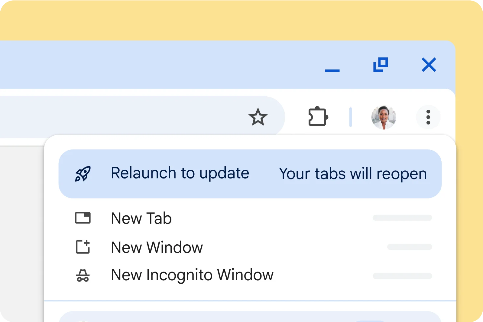 Menu de Chrome affichant l’option anglaise Relaunch to update, pour relancer le navigateur et appliquer une mise à jour.