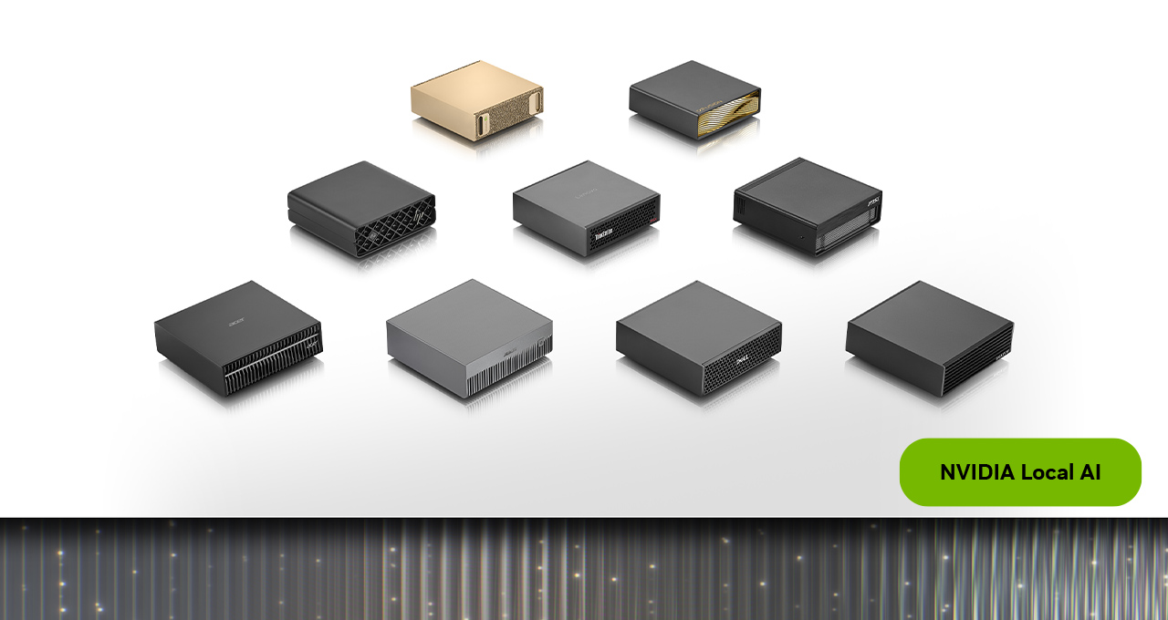 Plusieurs ordinateurs compacts de partenaires NVIDIA présentés sur fond clair.