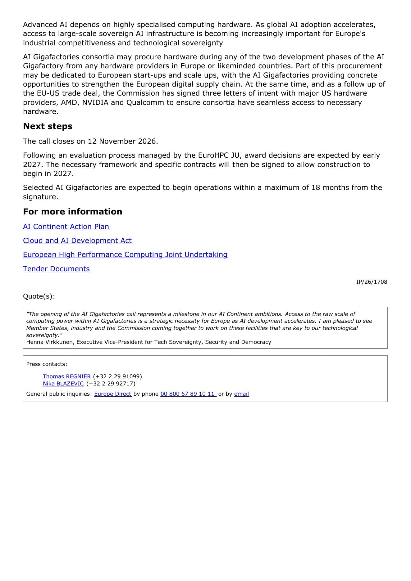 Deuxième page du communiqué officiel européen indiquant les fournisseurs matériels et les prochaines étapes de l’appel.