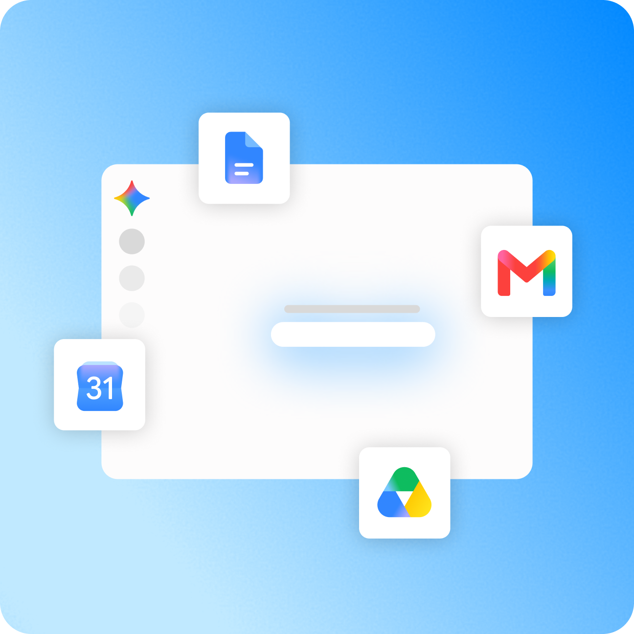 Schéma officiel de Gemini entouré des icônes Docs, Gmail, Drive et Agenda.