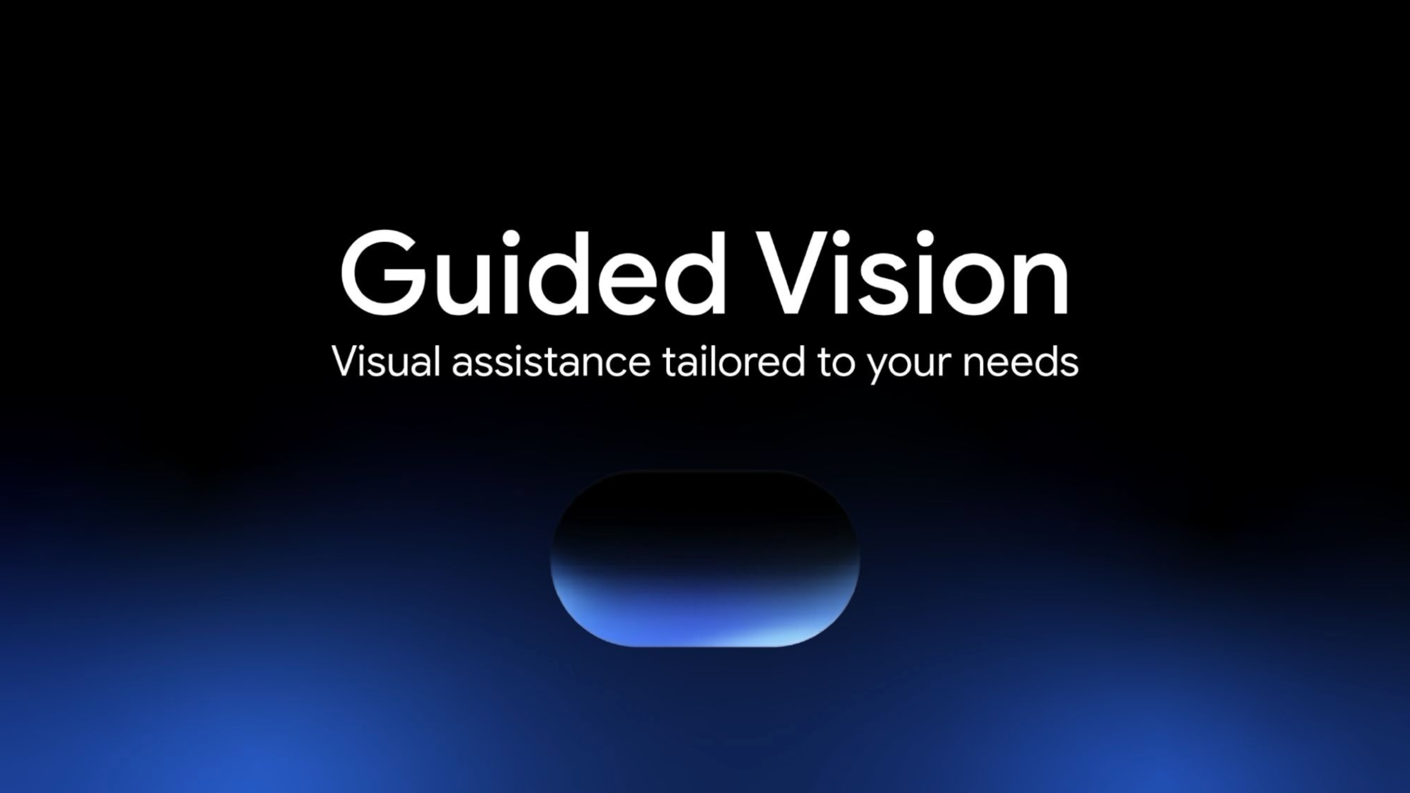 Titre Guided Vision et symbole lumineux bleu sur un fond noir.