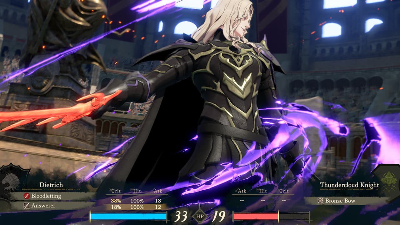 Dietrich utilise une attaque aux effets violets pendant un combat dans l’arène de Fire Emblem: Fortune’s Weave.