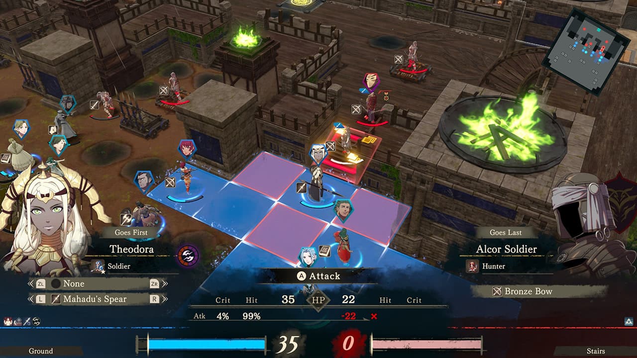 Champ de bataille tactique sur grille montrant Theodora, ses alliés et plusieurs ennemis dans Fire Emblem: Fortune’s Weave.