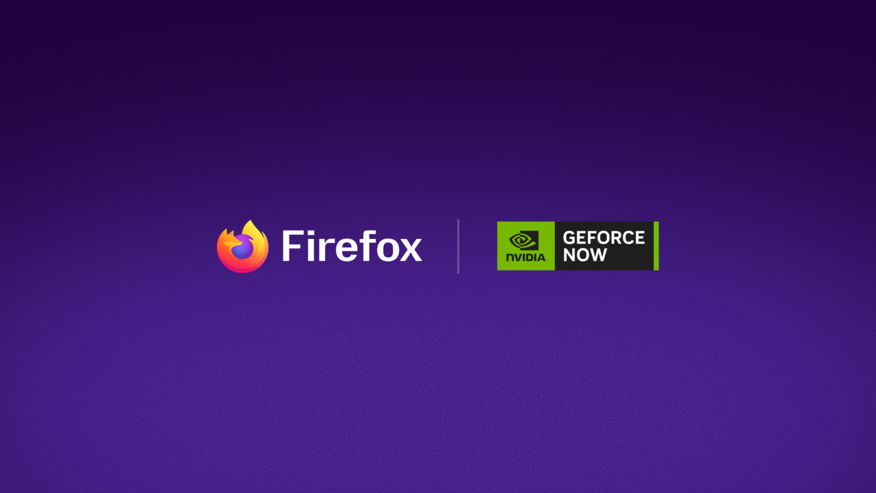 Logos officiels Firefox et NVIDIA GeForce NOW sur un fond violet.