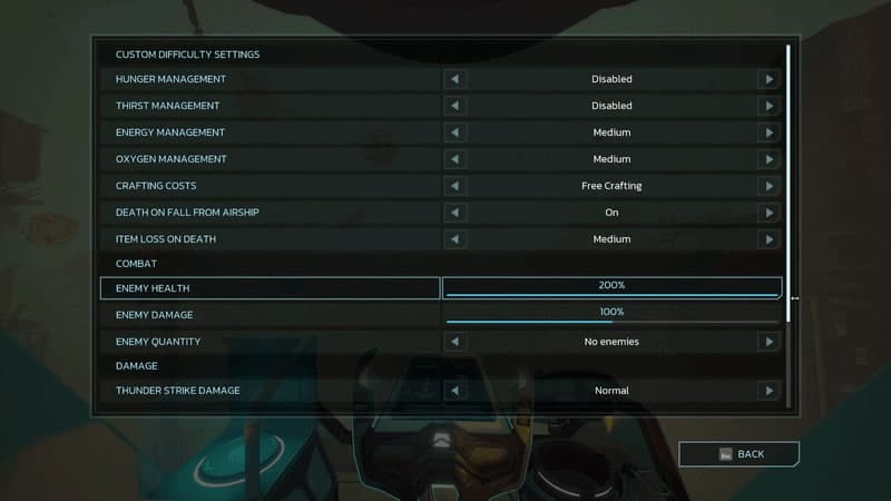 Capture officielle du menu de difficulté personnalisée de Forever Skies avec ses réglages de survie et de combat.