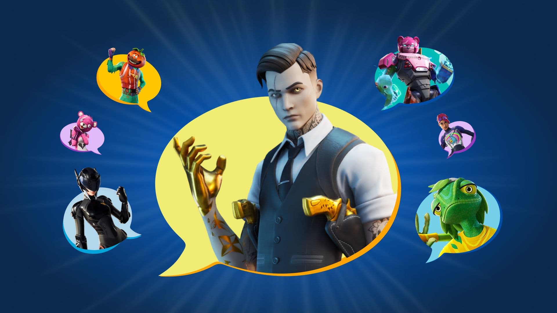 Personnages officiels de Fortnite présentés autour d’un personnage conversationnel dans des bulles de dialogue.