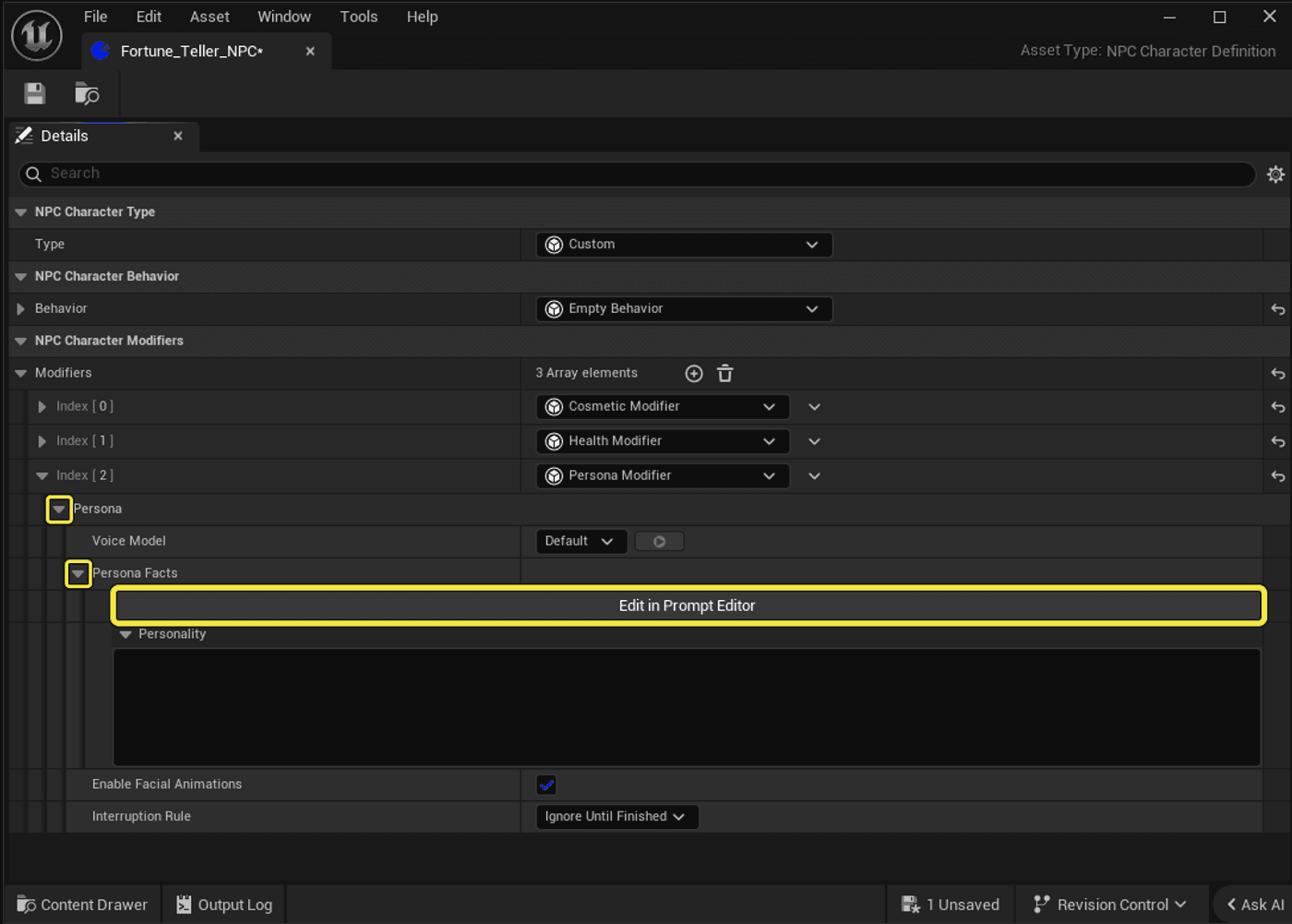 Panneau officiel de définition d’un personnage UEFN avec le modificateur de persona et l’accès au Prompt Editor.