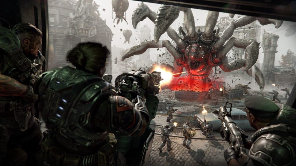 Capture officielle de Horde Siege montrant des escouades COG affrontant un Corpser au milieu de Kalona.