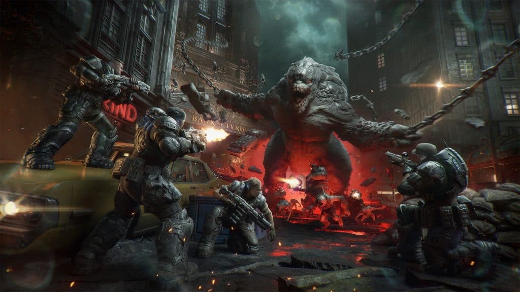 Capture officielle de Gears of War: E-Day montrant plusieurs soldats COG affrontant un Brumak dans Horde Siege.