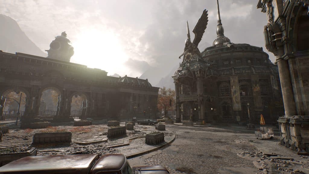 Capture officielle de Gears of War: E-Day montrant le quartier historique de Kalona après l’attaque des Locustes.