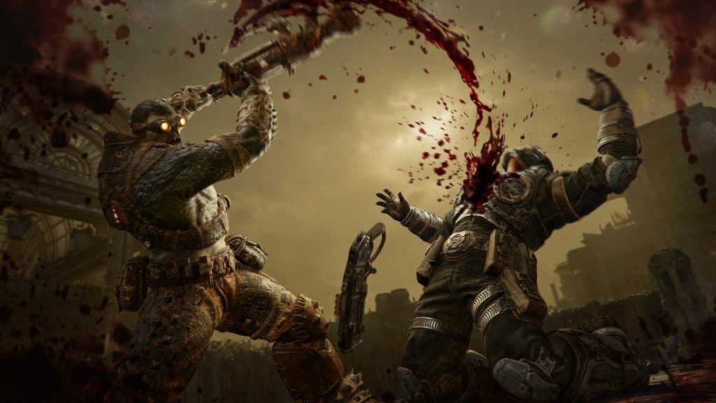 Capture officielle du mode Versus de Gears of War: E-Day montrant un Drone achevant un soldat COG.