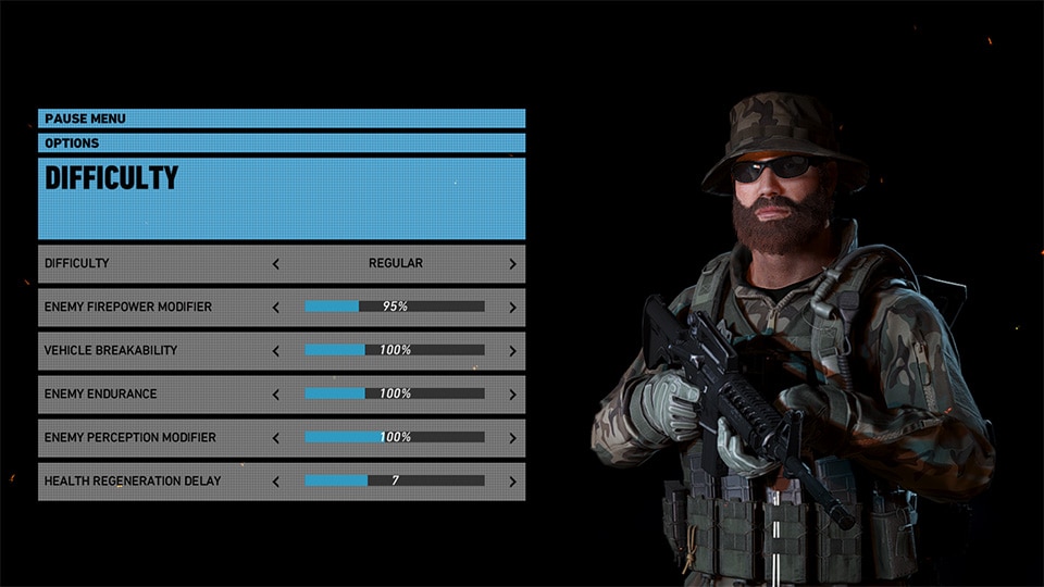 Menu officiel de difficulté de Ghost Recon Wildlands avec plusieurs curseurs de personnalisation.