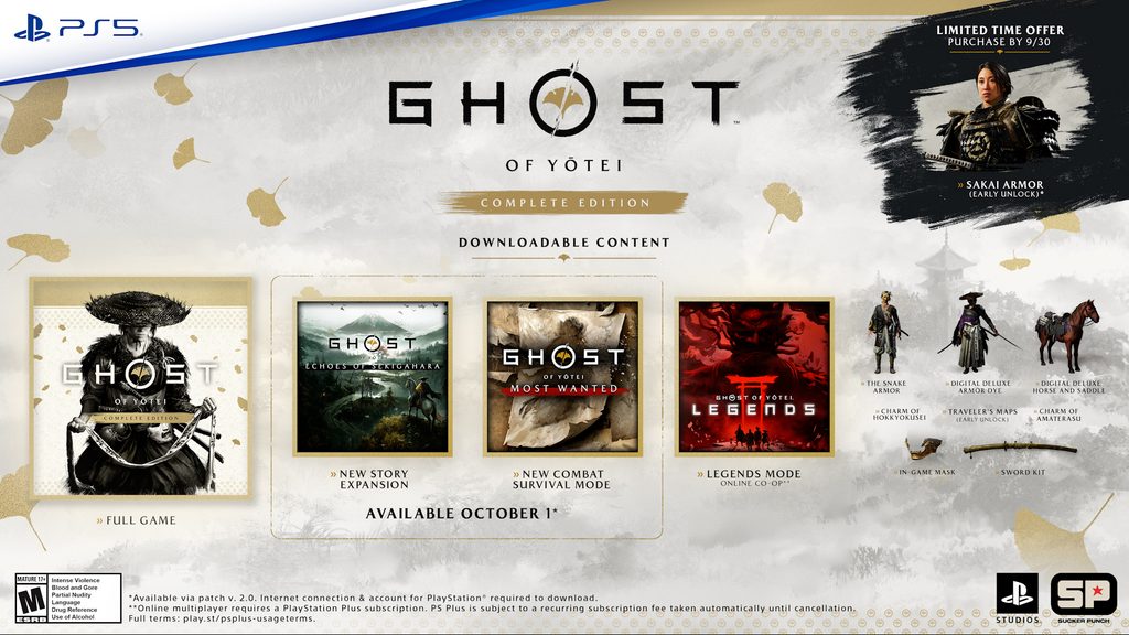 Tableau officiel des contenus de Ghost of Yōtei Complete Edition, dont la campagne, les deux nouveautés, Legends et les objets Deluxe.