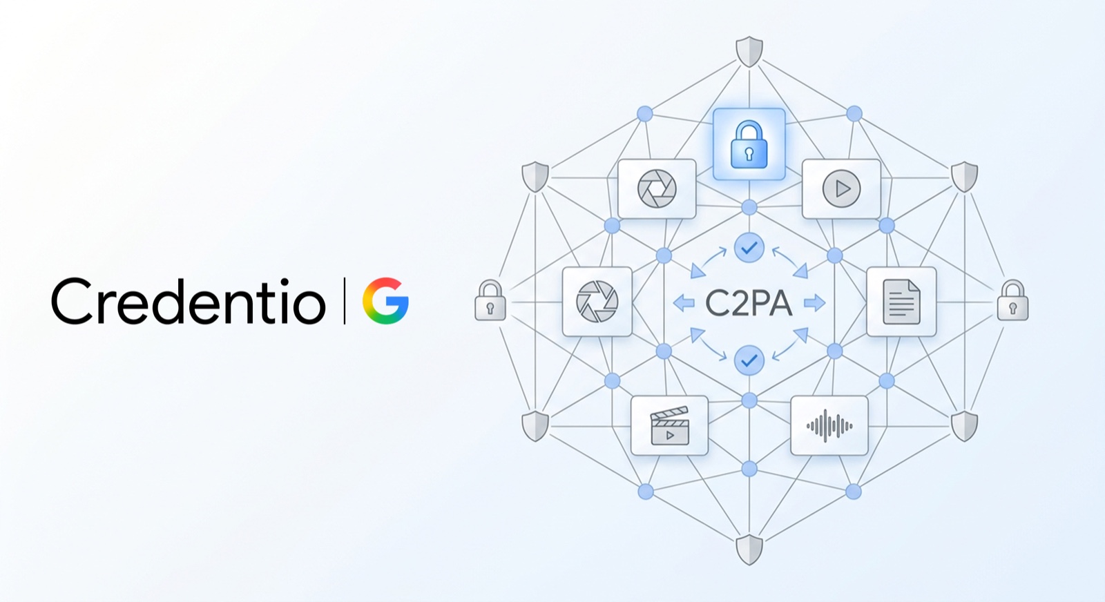 Illustration officielle de Google Credentio reliant la validation C2PA à des images, vidéos, fichiers audio et documents.