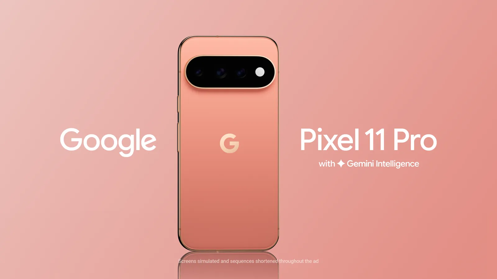 Visuel officiel du Google Pixel 11 Pro corail présenté de dos avec sa barre photo.
