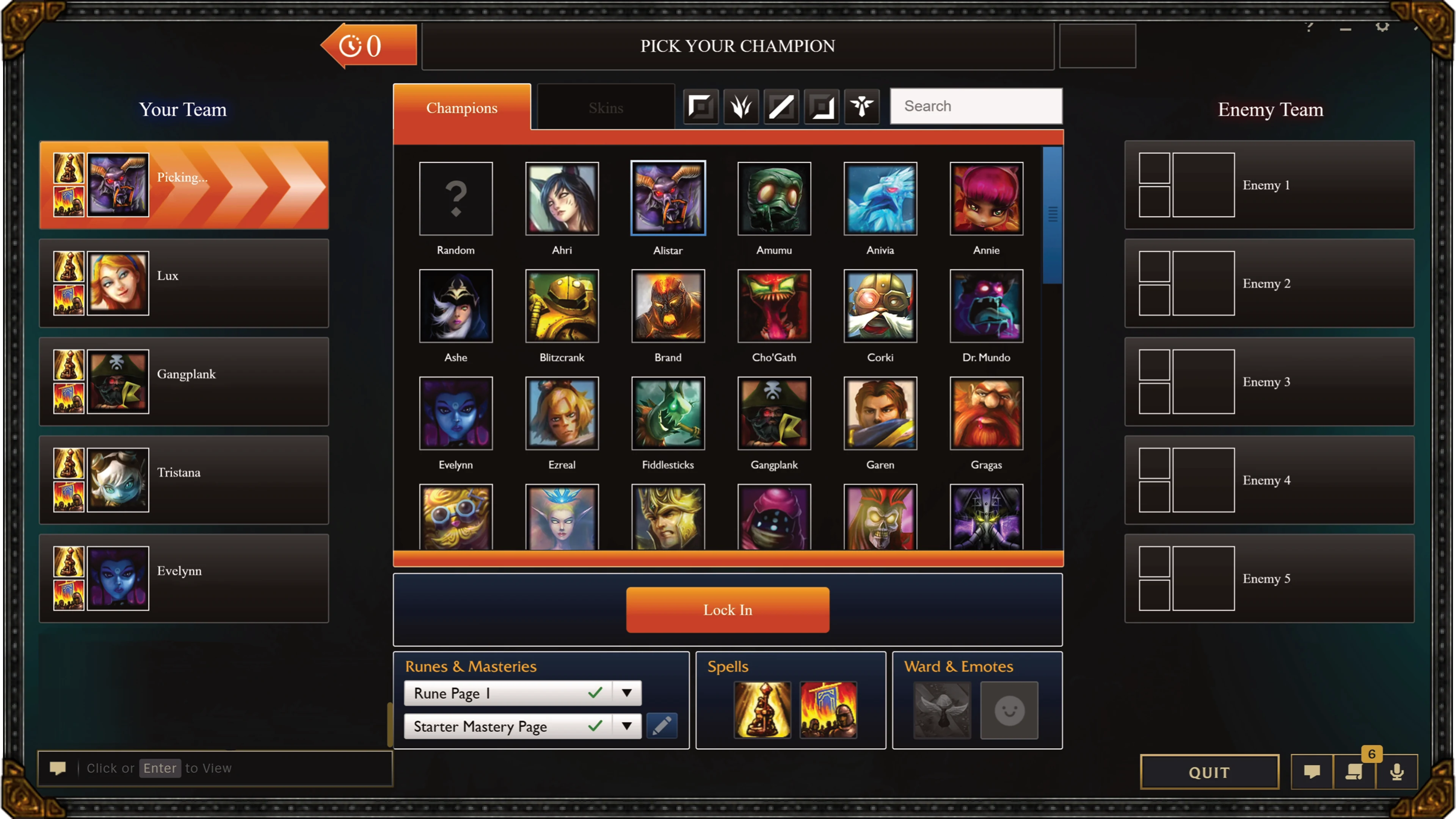 Interface officielle de sélection des champions dans League of Legends Classic avec runes, maîtrises et sorts.