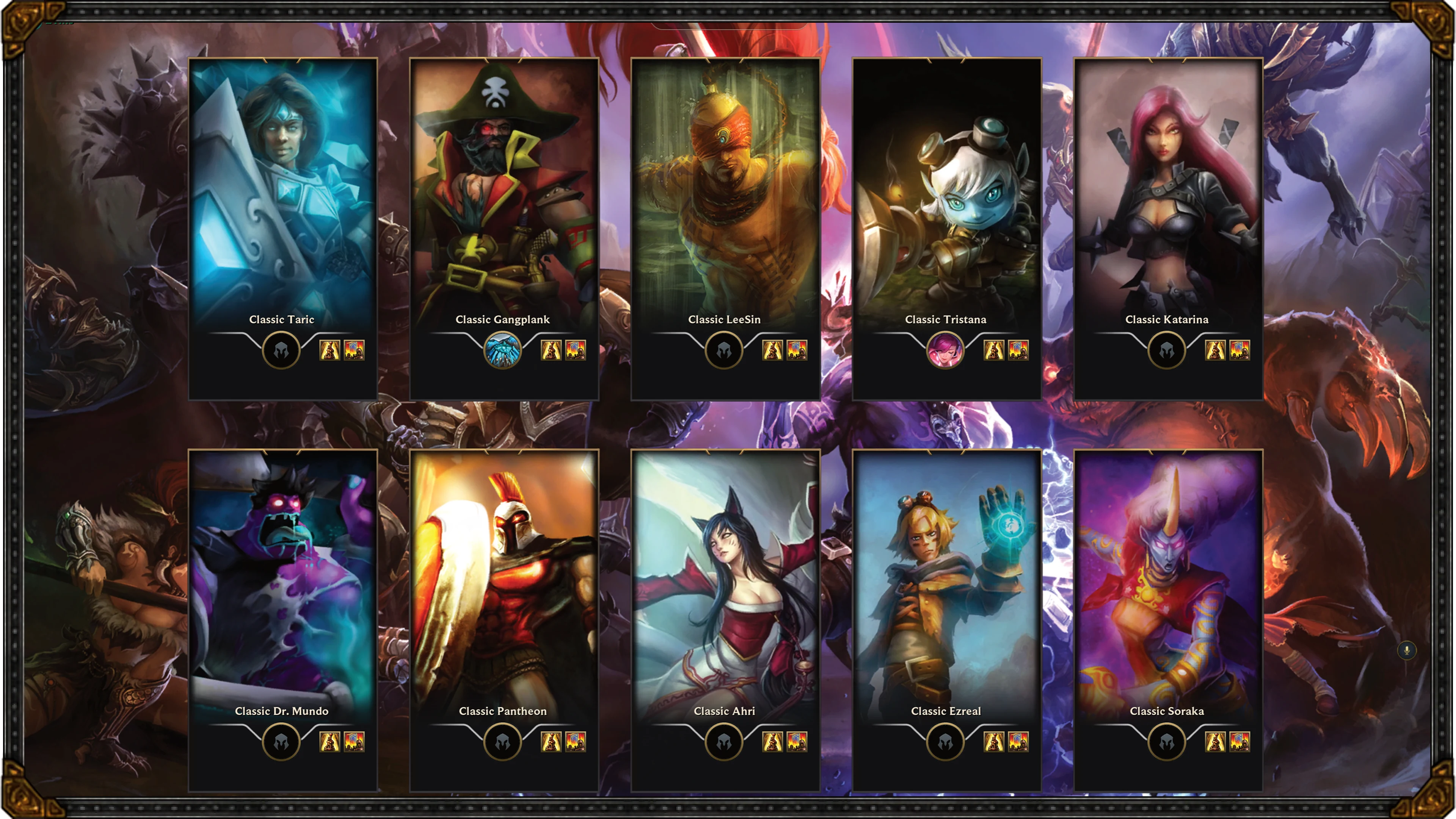 Écran de chargement officiel de League of Legends Classic avec dix portraits de champions dans leur apparence historique.