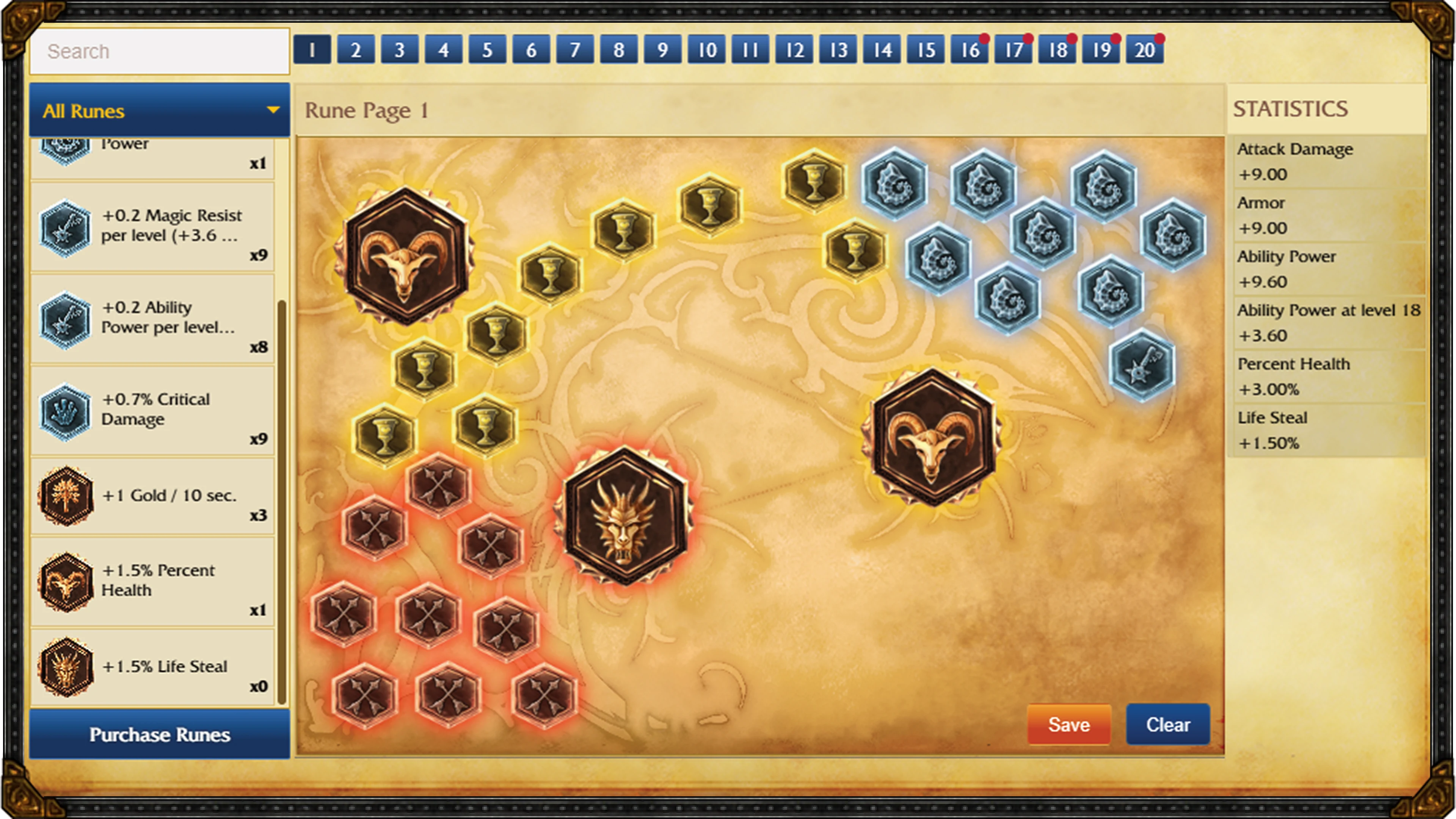 Ancienne page de runes de League of Legends Classic avec marques, sceaux, glyphes et quintessences.