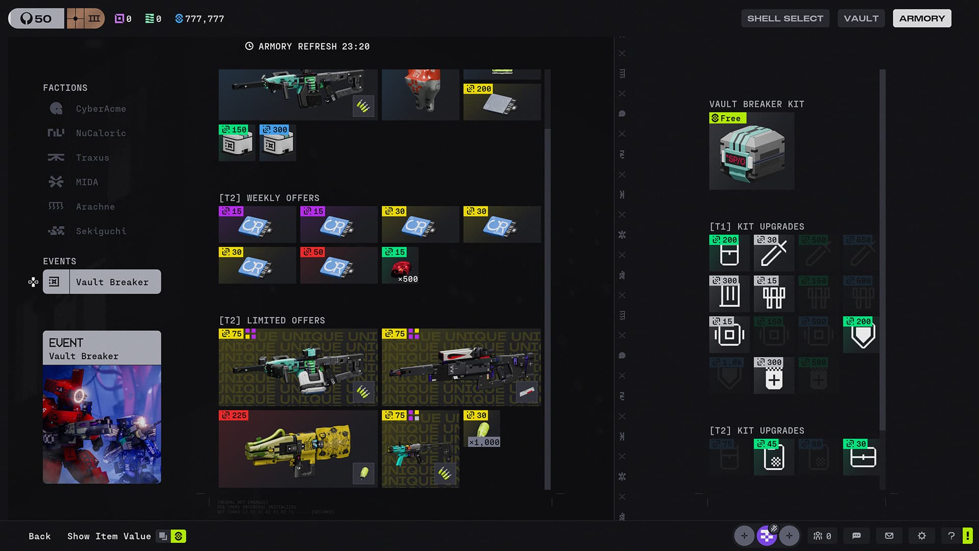 Armurerie officielle de Vault Breaker avec kit gratuit, améliorations et offres contre la monnaie d’événement.