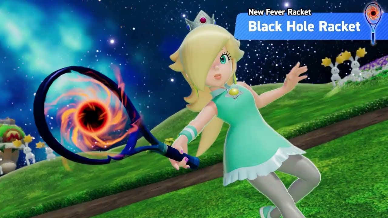 Harmonie tient la nouvelle raquette Trou noir dans une capture officielle de Mario Tennis Fever 1.1.0.