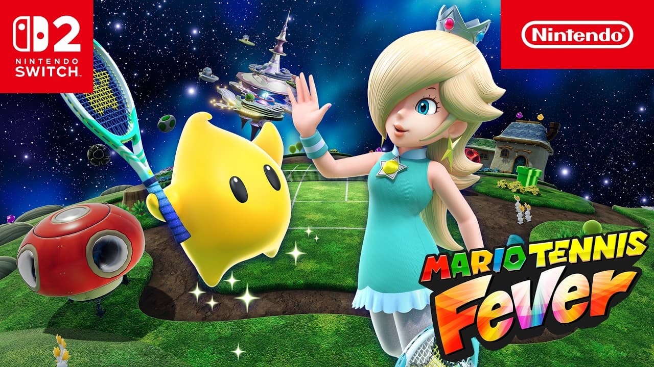 Harmonie et un Luma sur le terrain Galaxy de Mario Tennis Fever dans le visuel officiel Nintendo.