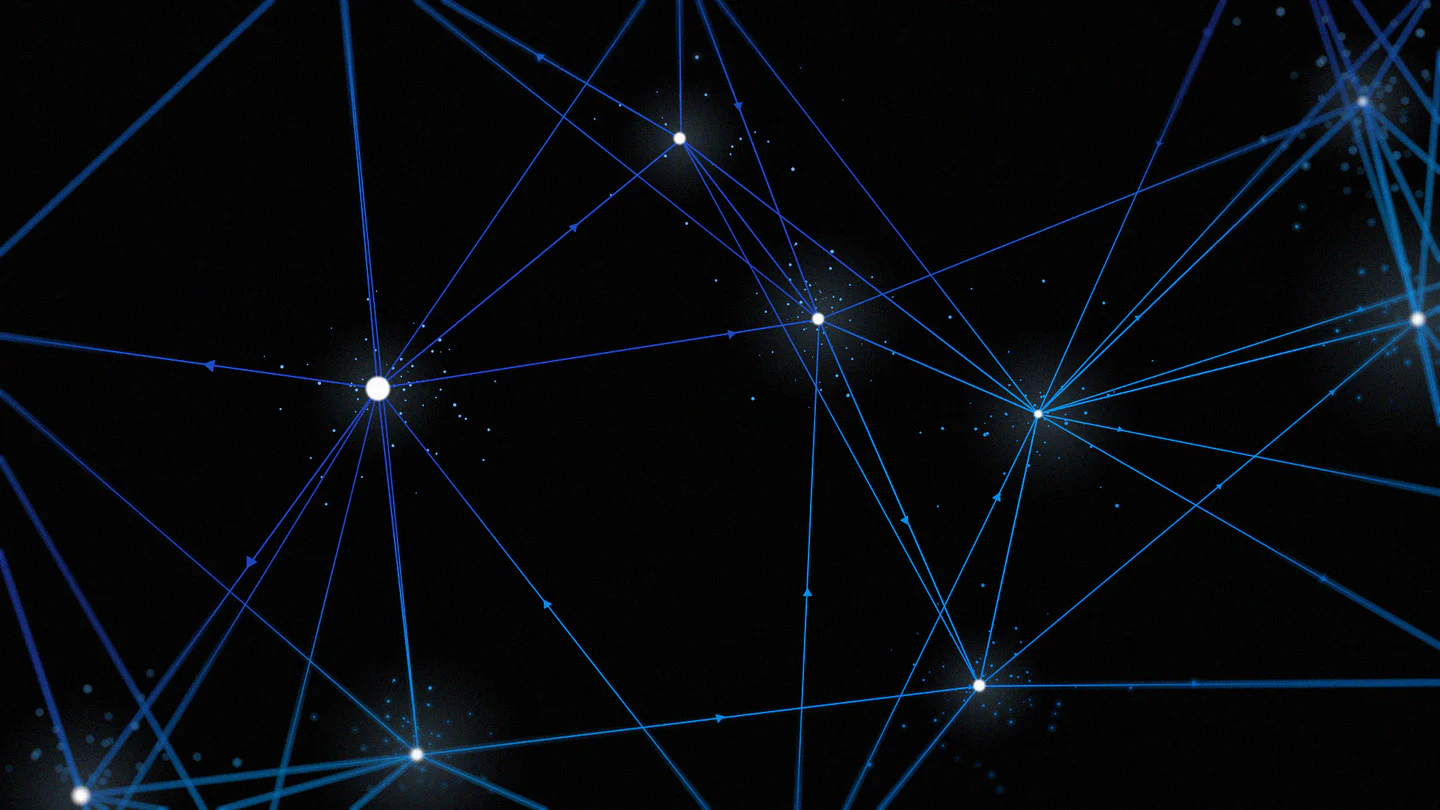 Réseau de lignes et de nœuds bleus sur fond noir dans le visuel officiel de Muse Glimmer.