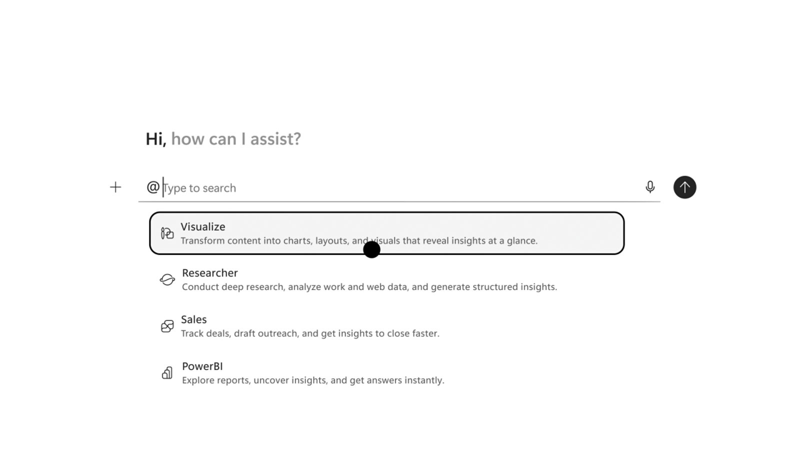 Capture officielle de Microsoft 365 Copilot affichant les agents Visualize, Researcher, Sales et Power BI.