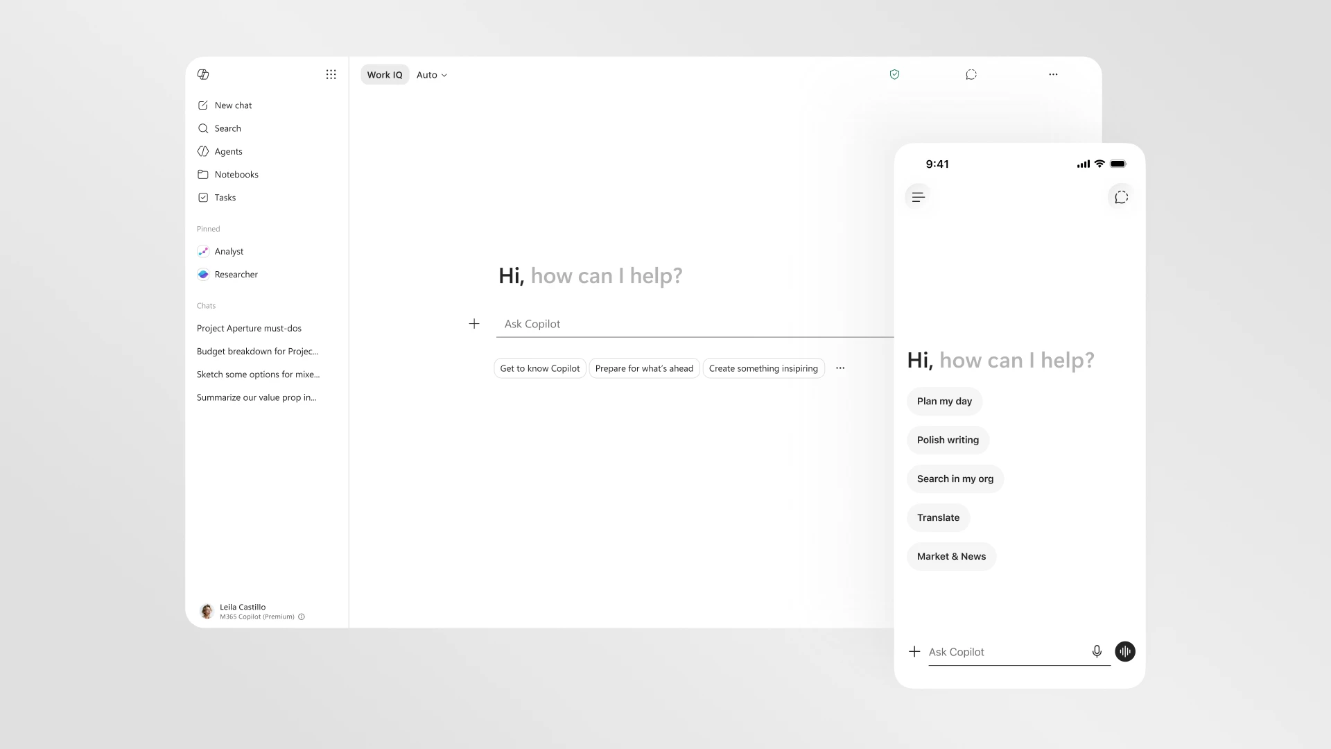 Interface officielle de Microsoft 365 Copilot affichée sur ordinateur et smartphone.
