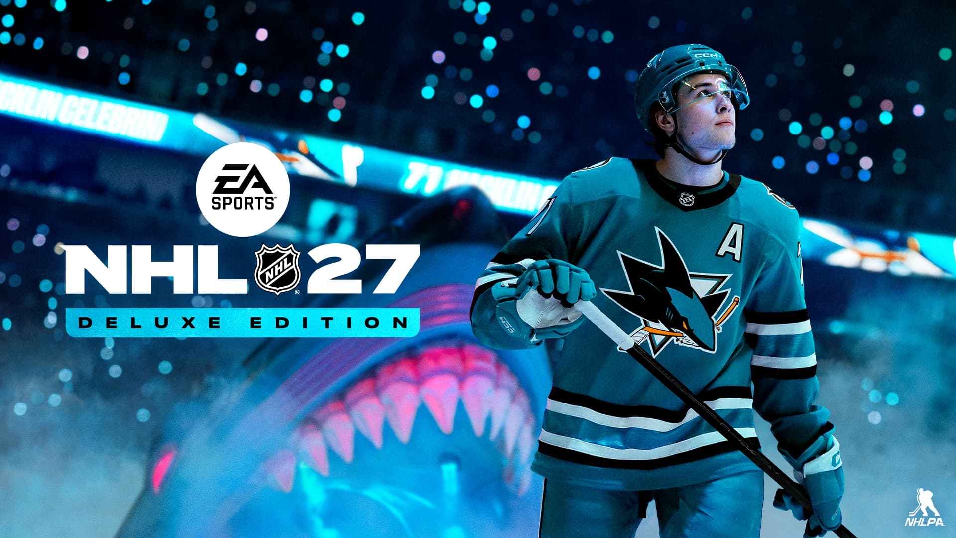 Key art officiel de NHL 27 avec Macklin Celebrini en tenue des Sharks de San José.