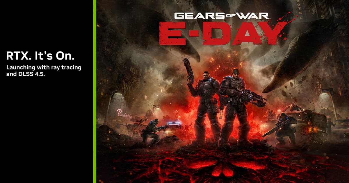 Visuel officiel NVIDIA et The Coalition de Gears of War: E-Day avec les mentions RTX, ray tracing et DLSS 4.5.
