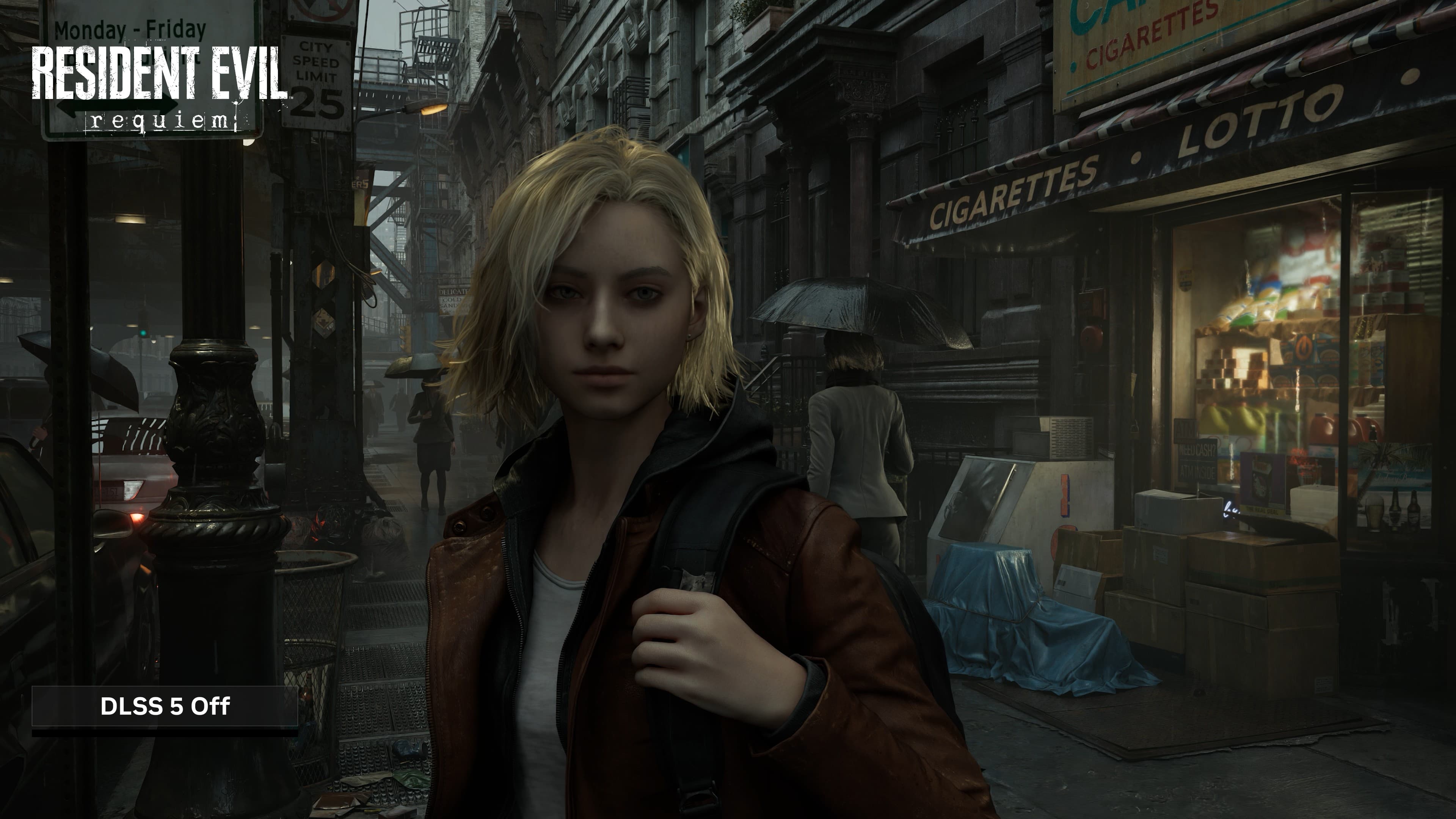 Capture officielle de Resident Evil Requiem présentée par NVIDIA avec DLSS 5 désactivé.