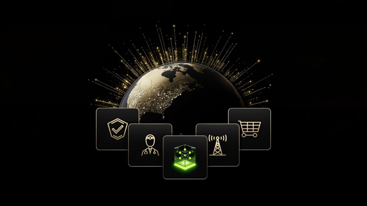 Illustration officielle NVIDIA d’un réseau mondial relié à plusieurs tâches spécialisées d’intelligence artificielle.