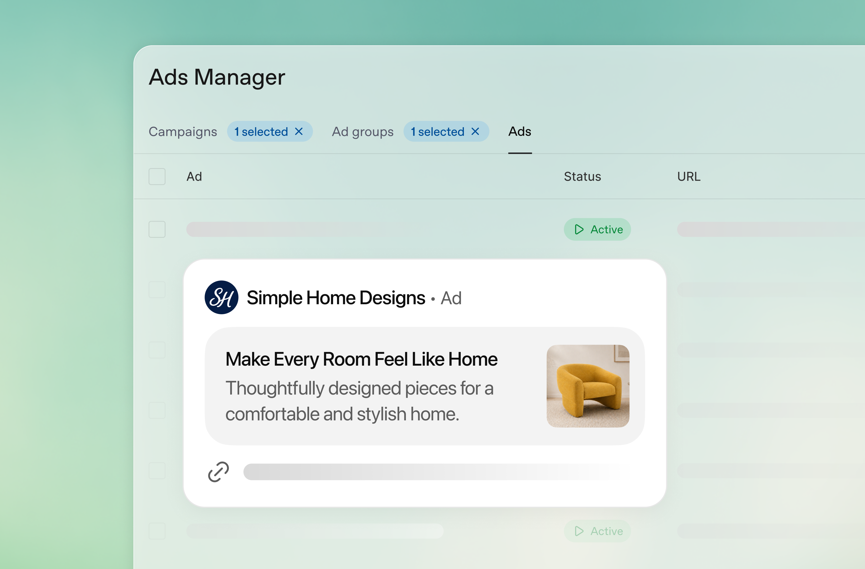 Aperçu officiel d’une annonce dans l’interface OpenAI Ads Manager avec son statut actif.