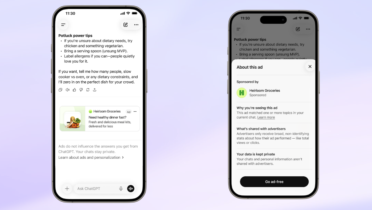 Exemple officiel d’une publicité clairement identifiée sous une réponse de ChatGPT sur mobile.