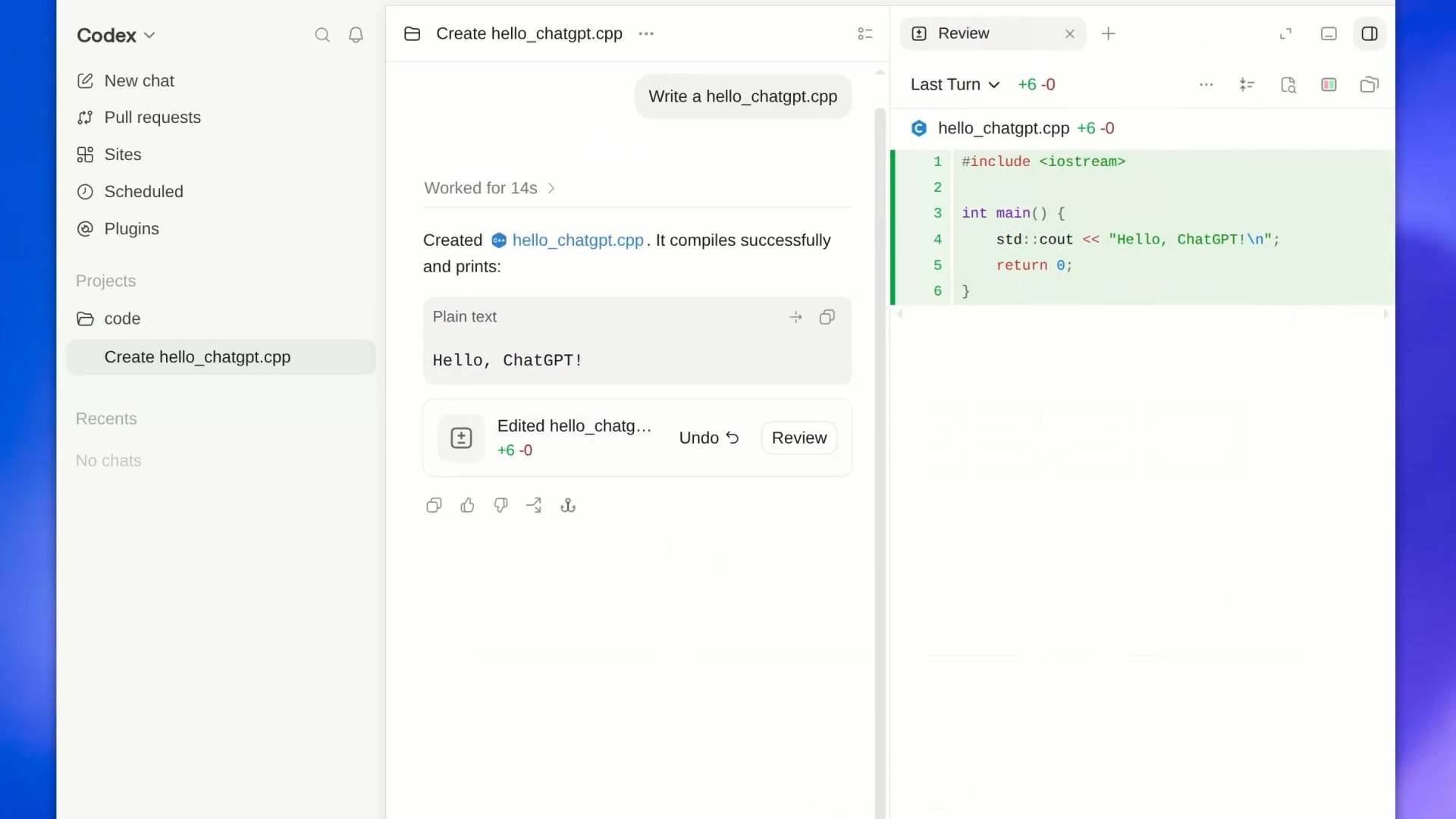 Démonstration officielle de Codex dans l’application ChatGPT sous Linux, avec un fichier C++ créé puis affiché en revue de diff.