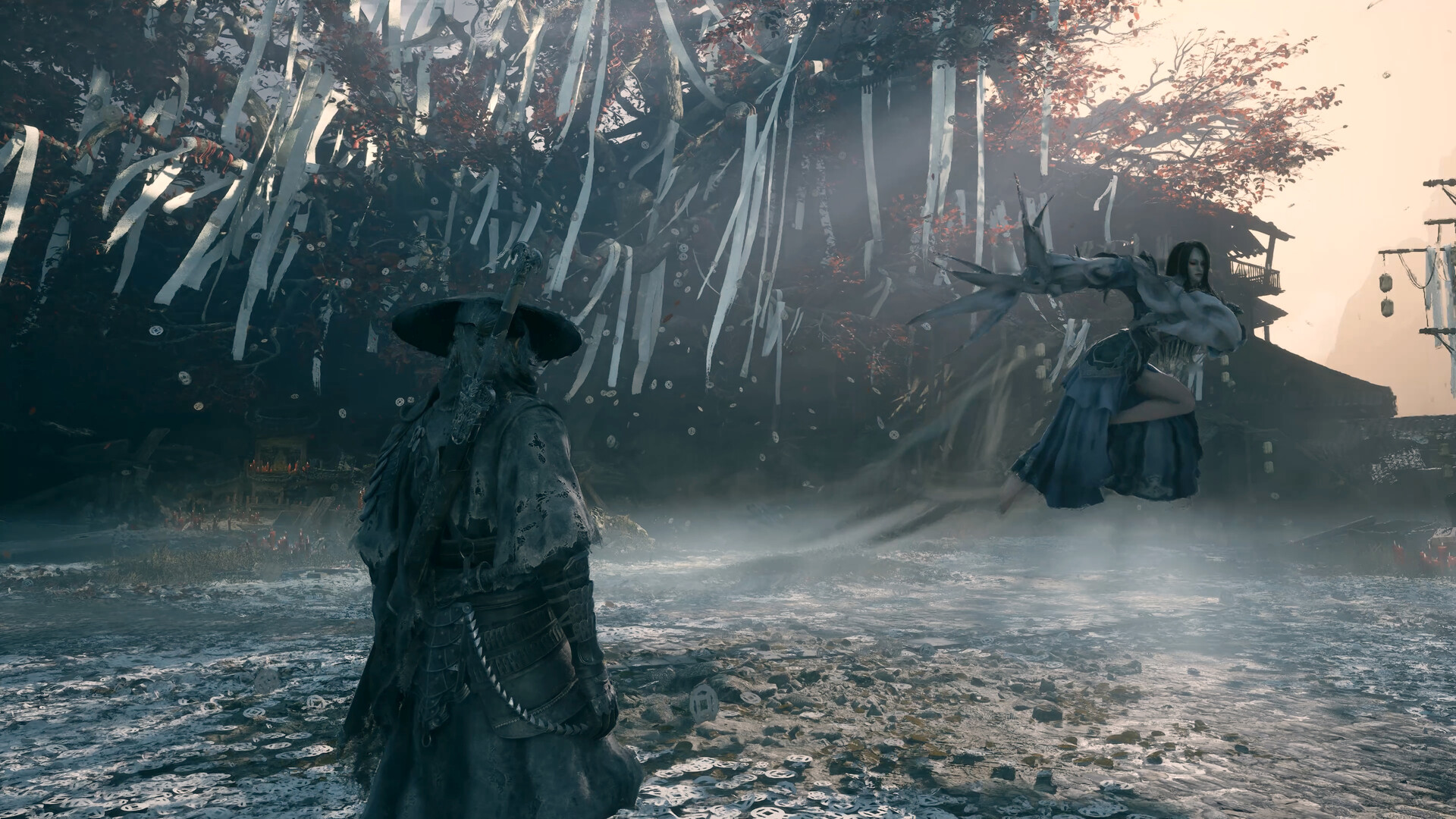 Capture officielle de Phantom Blade Zero montrant un affrontement sous un arbre décoré de rubans.