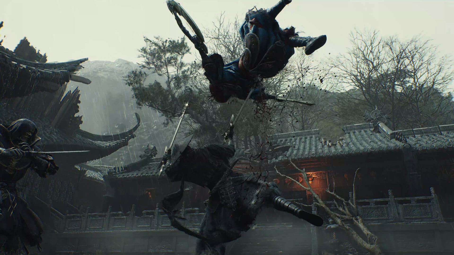 Capture officielle de Phantom Blade Zero montrant Soul combattant un adversaire armé dans un temple.