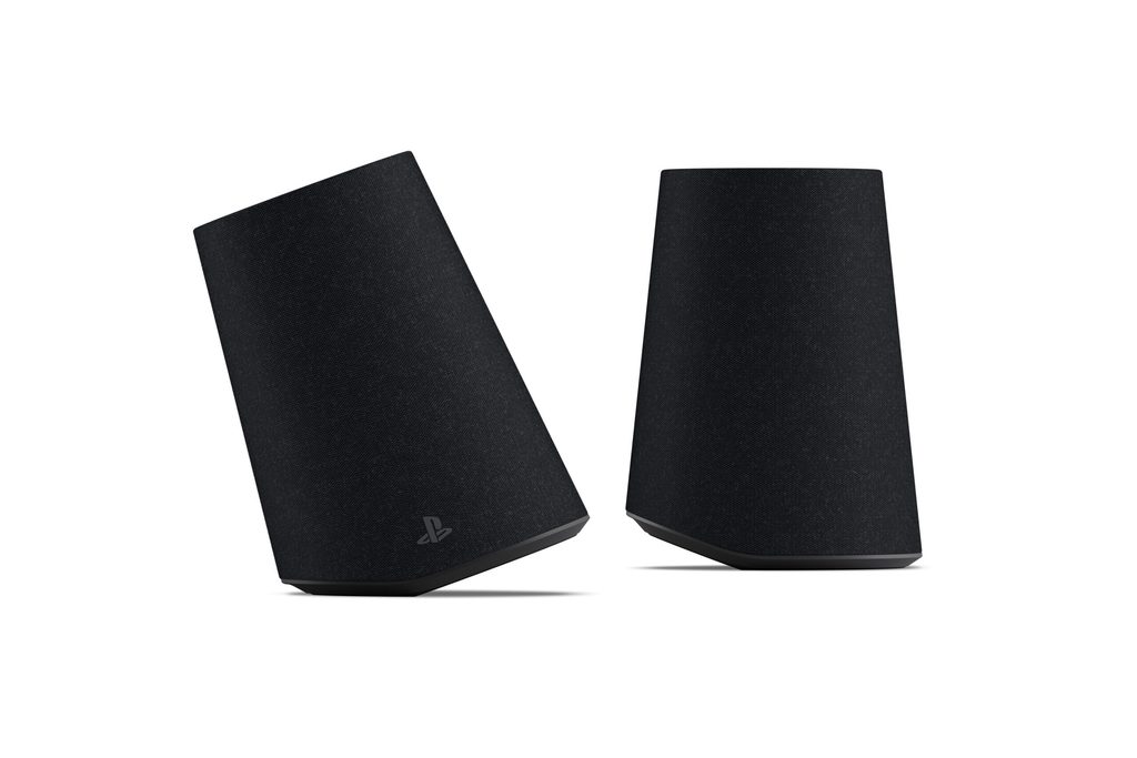 Paire d’enceintes sans fil PlayStation Pulse Elevate noires sur fond blanc.