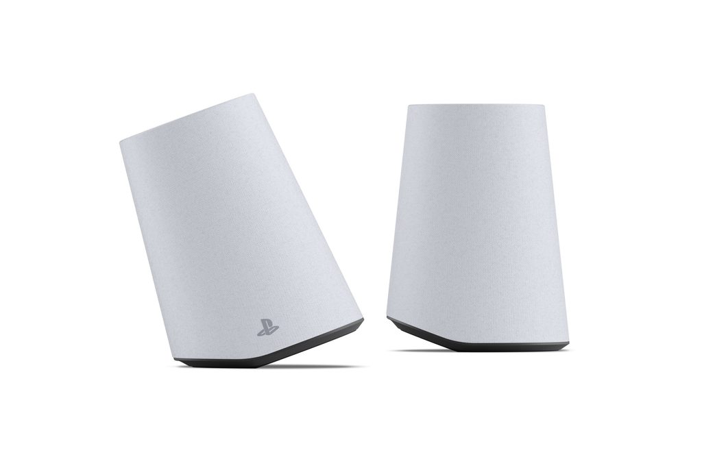 Paire d’enceintes sans fil PlayStation Pulse Elevate blanches sur fond blanc.