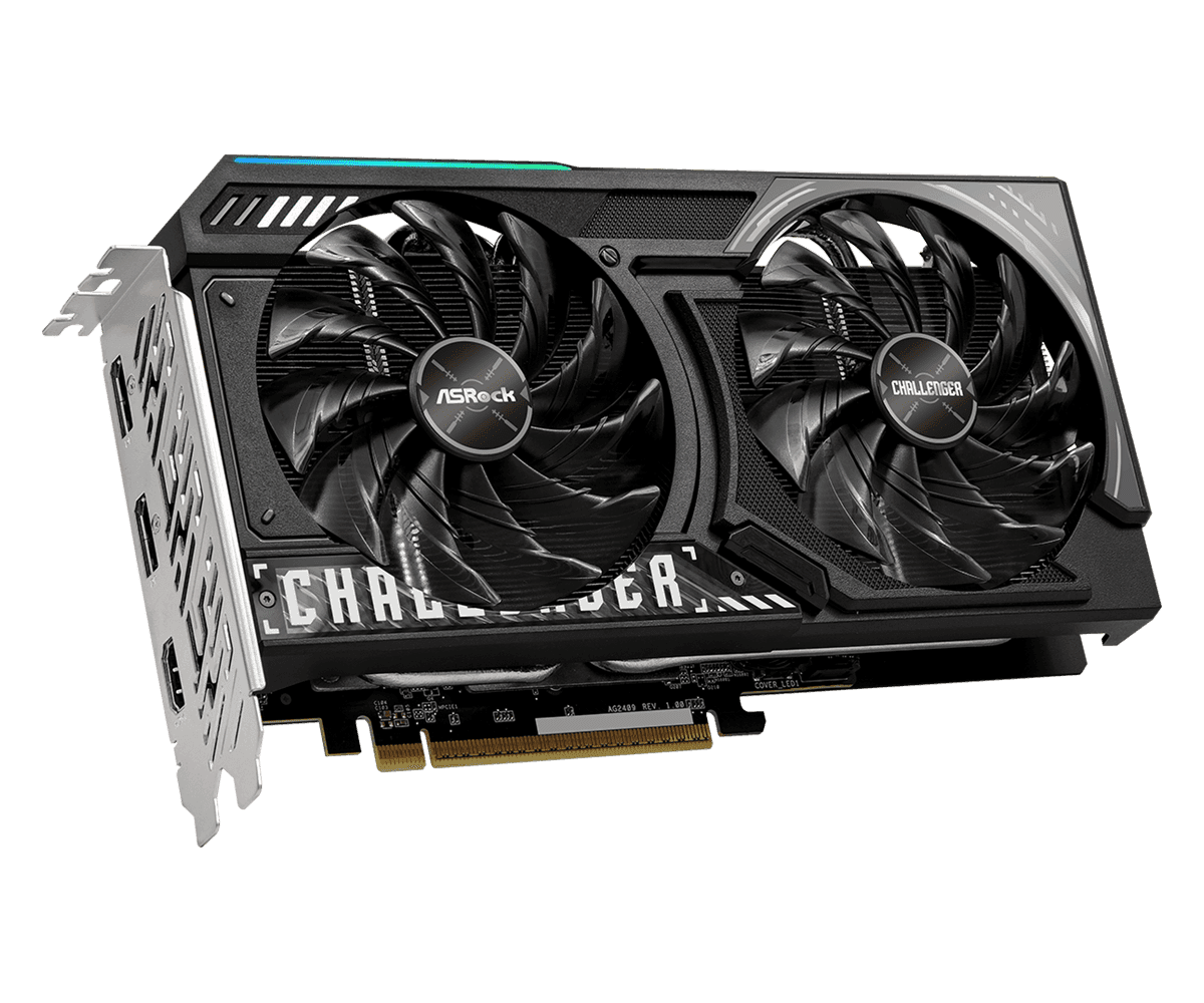 Équerre et connectique vidéo officielles de l’ASRock Radeon RX 9050 Challenger 8GB.