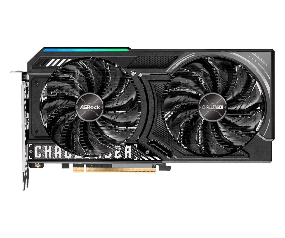 Vue avant officielle de l’ASRock Radeon RX 9050 Challenger 8GB et de son refroidissement à deux ventilateurs.
