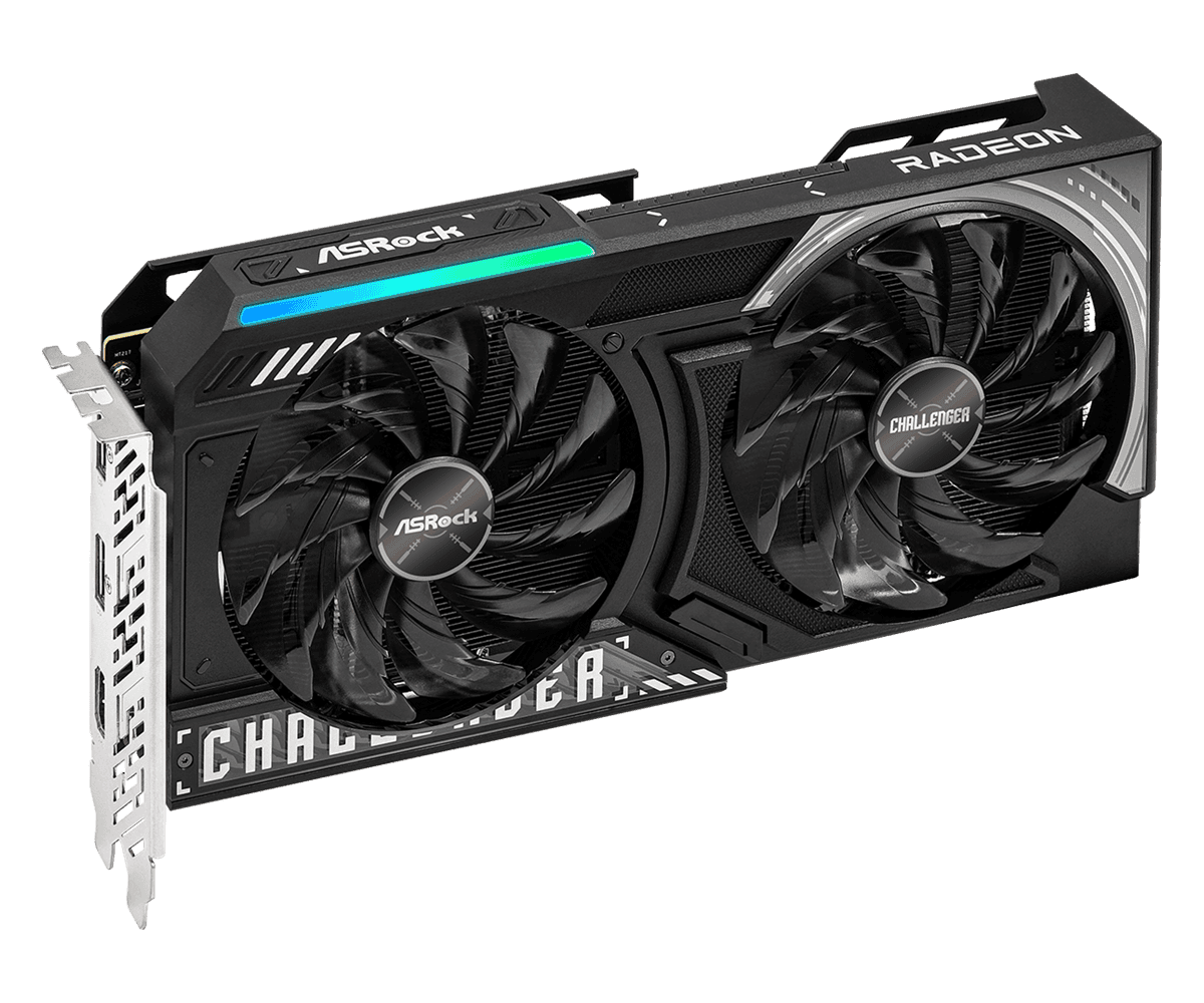 Vue officielle de trois quarts de l’ASRock Radeon RX 9050 Challenger 8GB.