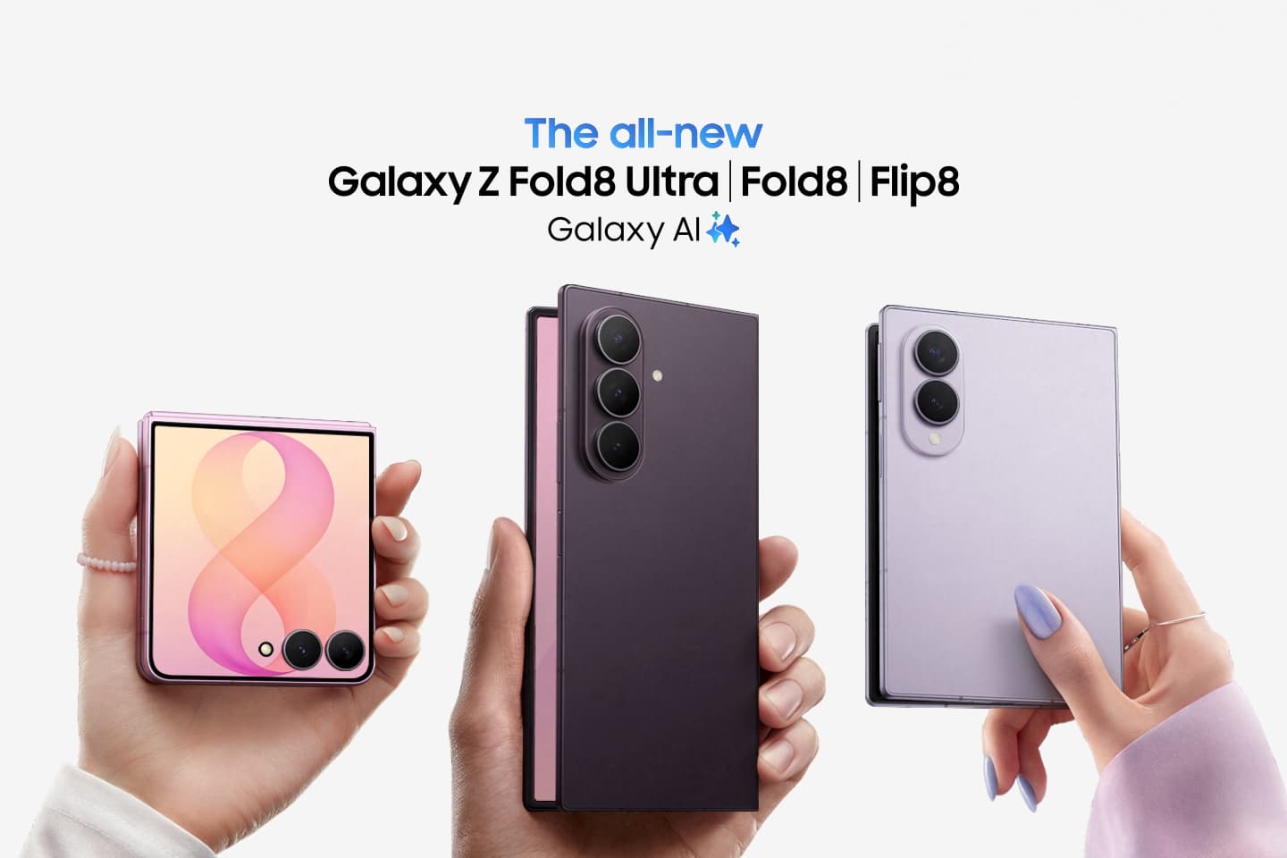 Visuel officiel Samsung réunissant les Galaxy Z Flip8, Z Fold8 Ultra et Z Fold8 présentés à Galaxy Unpacked.