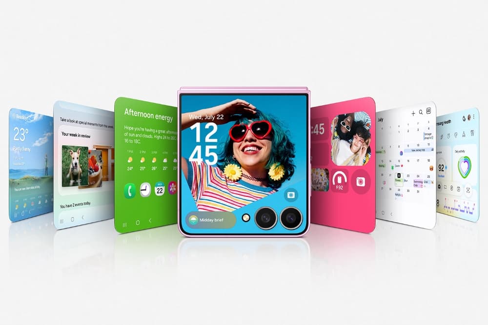 Visuel officiel Samsung du Galaxy Z Flip8 entouré des écrans et cartes proposés sur sa FlexWindow.