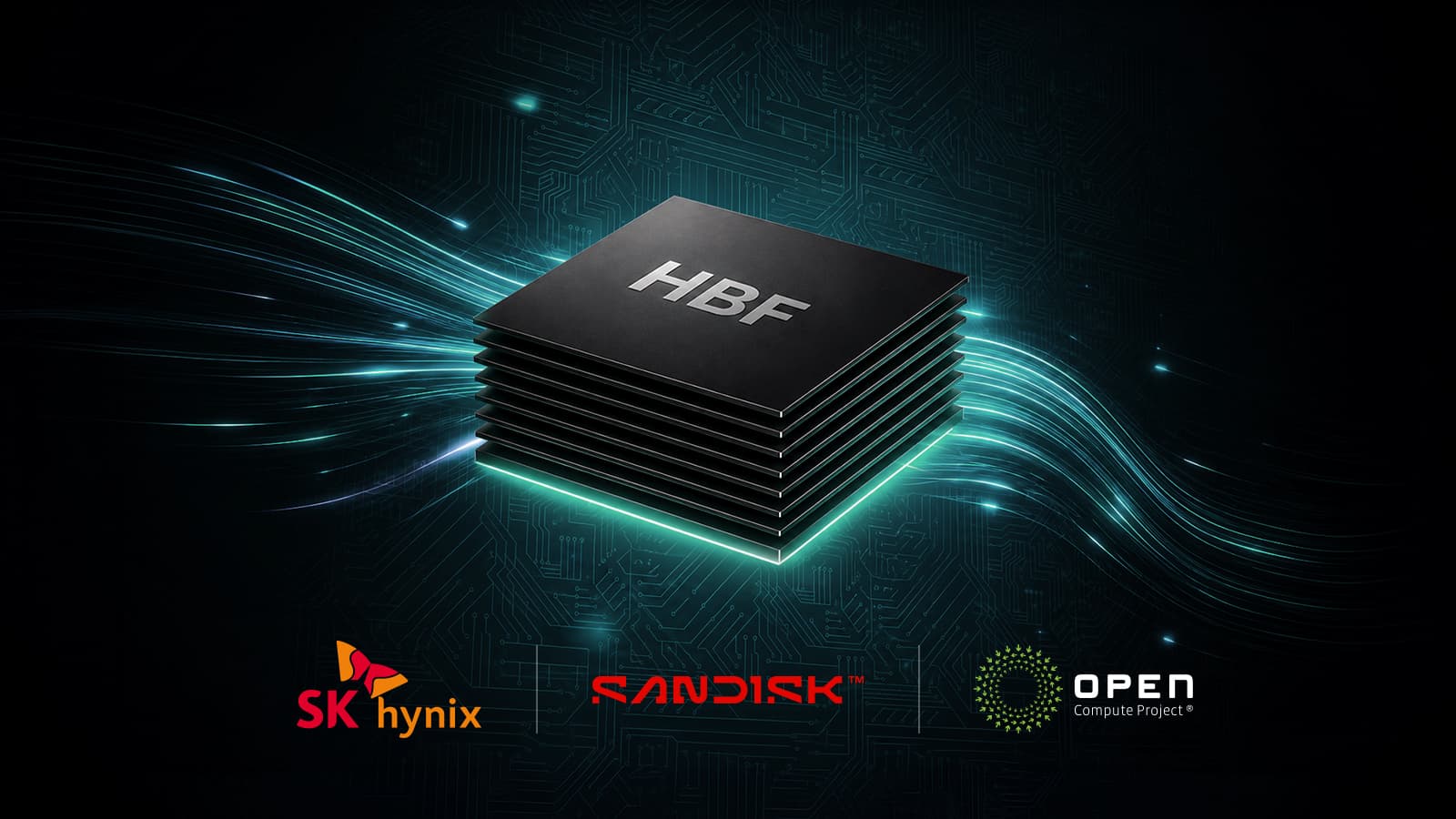 Schéma officiel d’une pile de mémoire High Bandwidth Flash accompagné des logos SK hynix, Sandisk et Open Compute Project.