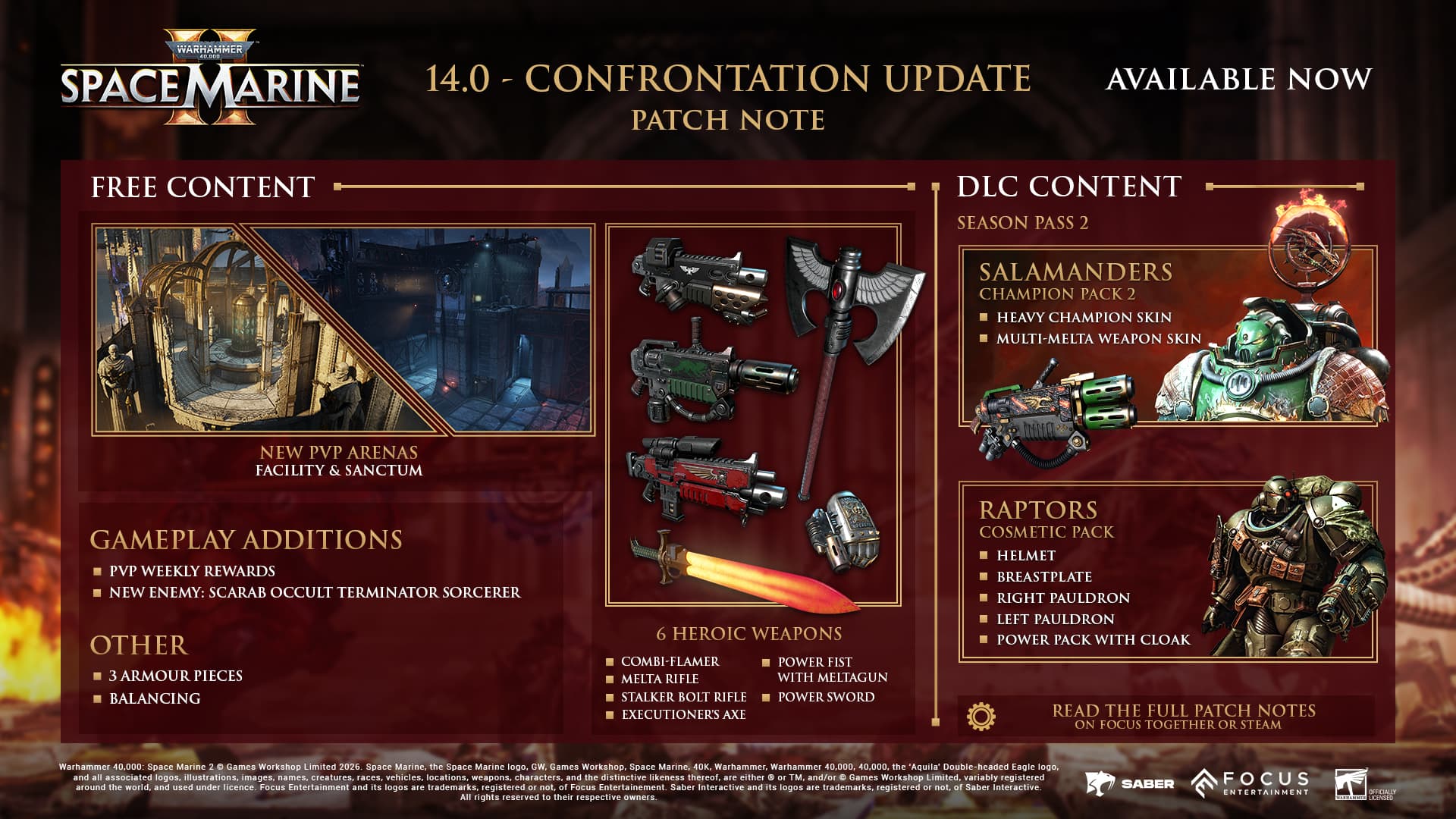 Infographie officielle Focus et Saber présentant le contenu du patch 14.0 Confrontation de Space Marine 2.