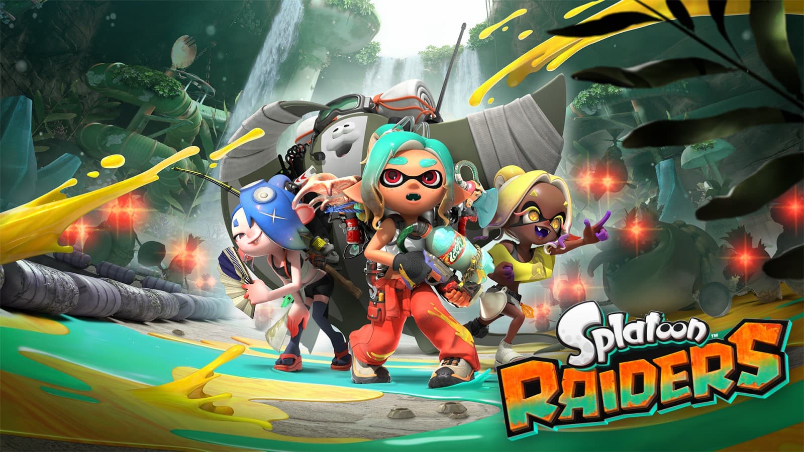 Key art officiel de Splatoon Raiders avec la mécano et le groupe Tridenfer face aux Salmonoïdes.