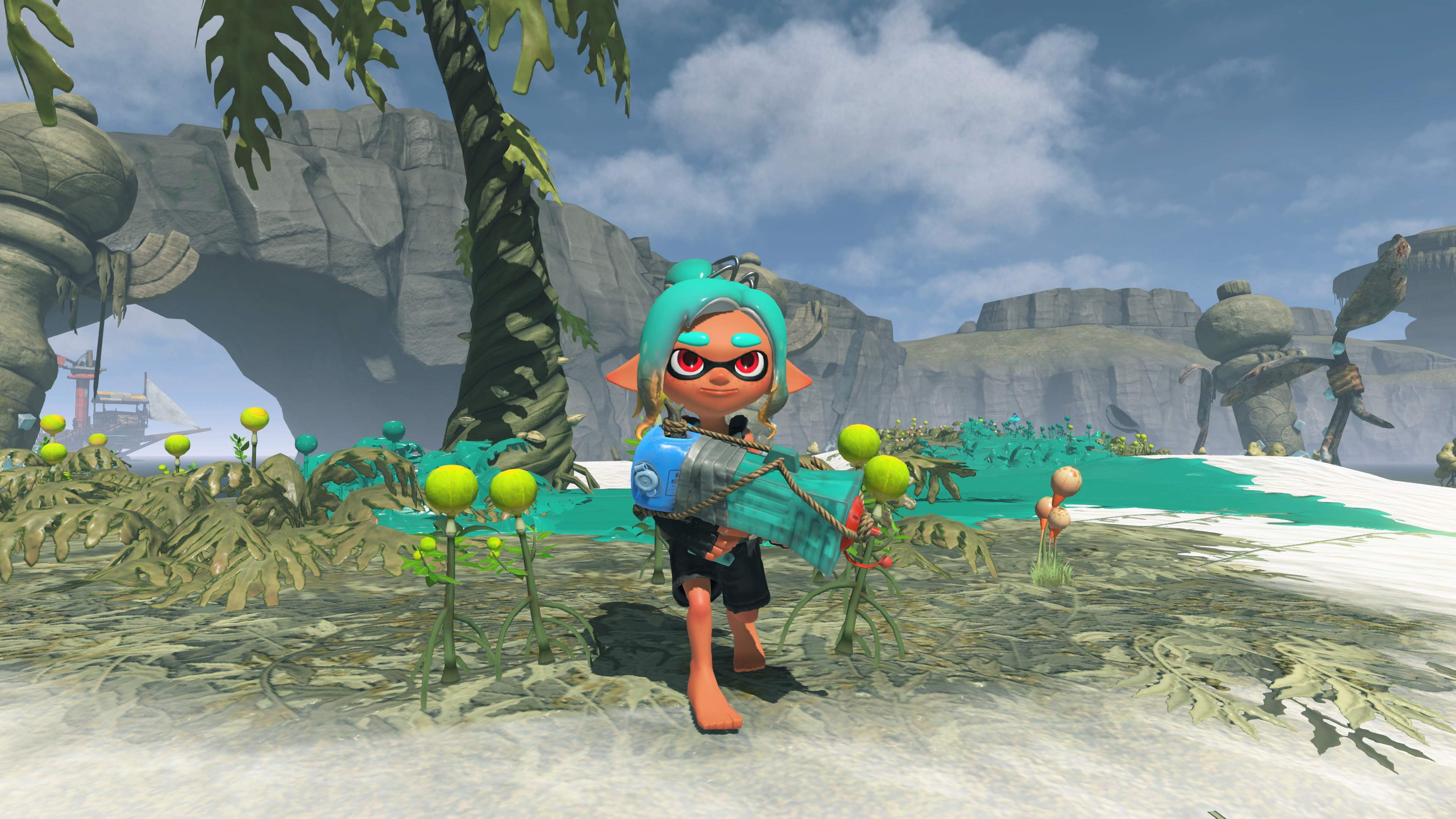 Capture officielle de Splatoon Raiders montrant la mécano sur une île recouverte d’encre.